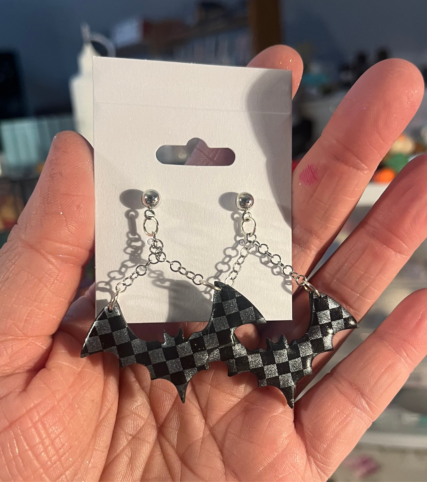 Black and Silver Checkered Bat Studs