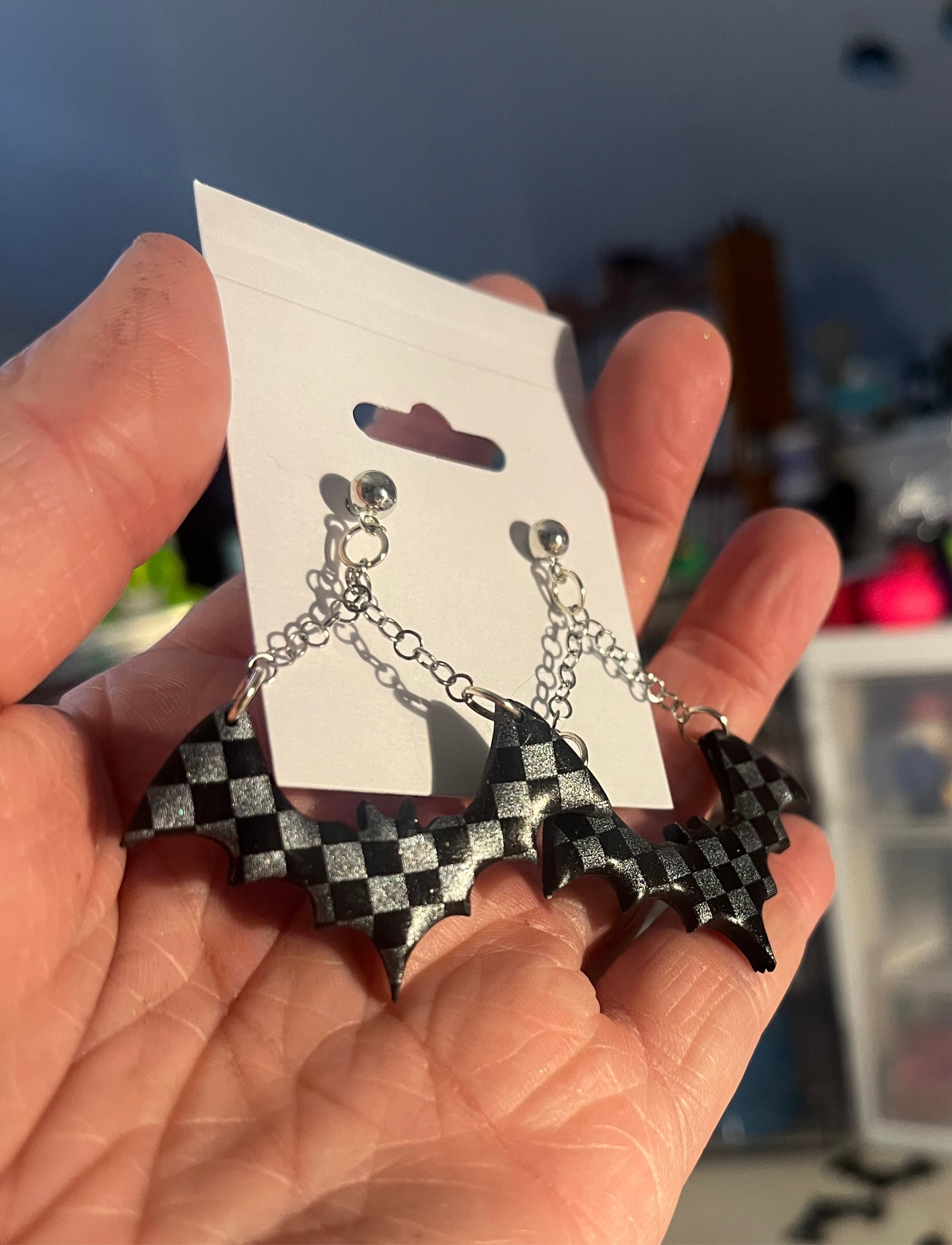 Black and Silver Checkered Bat Studs