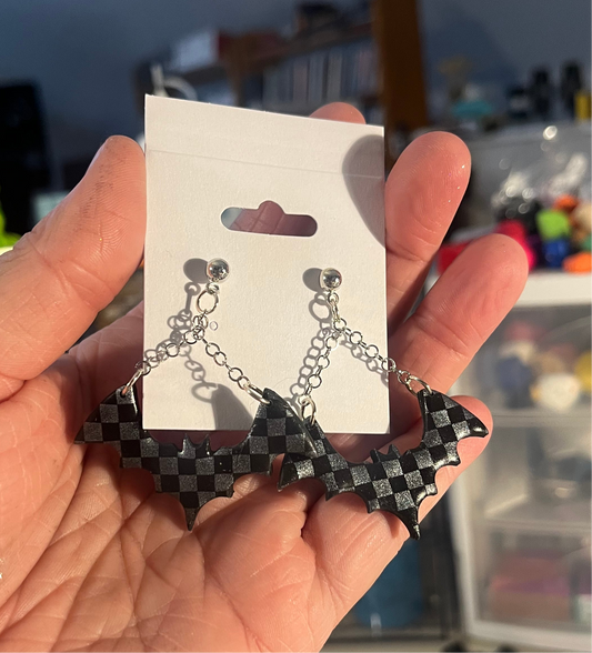 Black and Silver Checkered Bat Studs