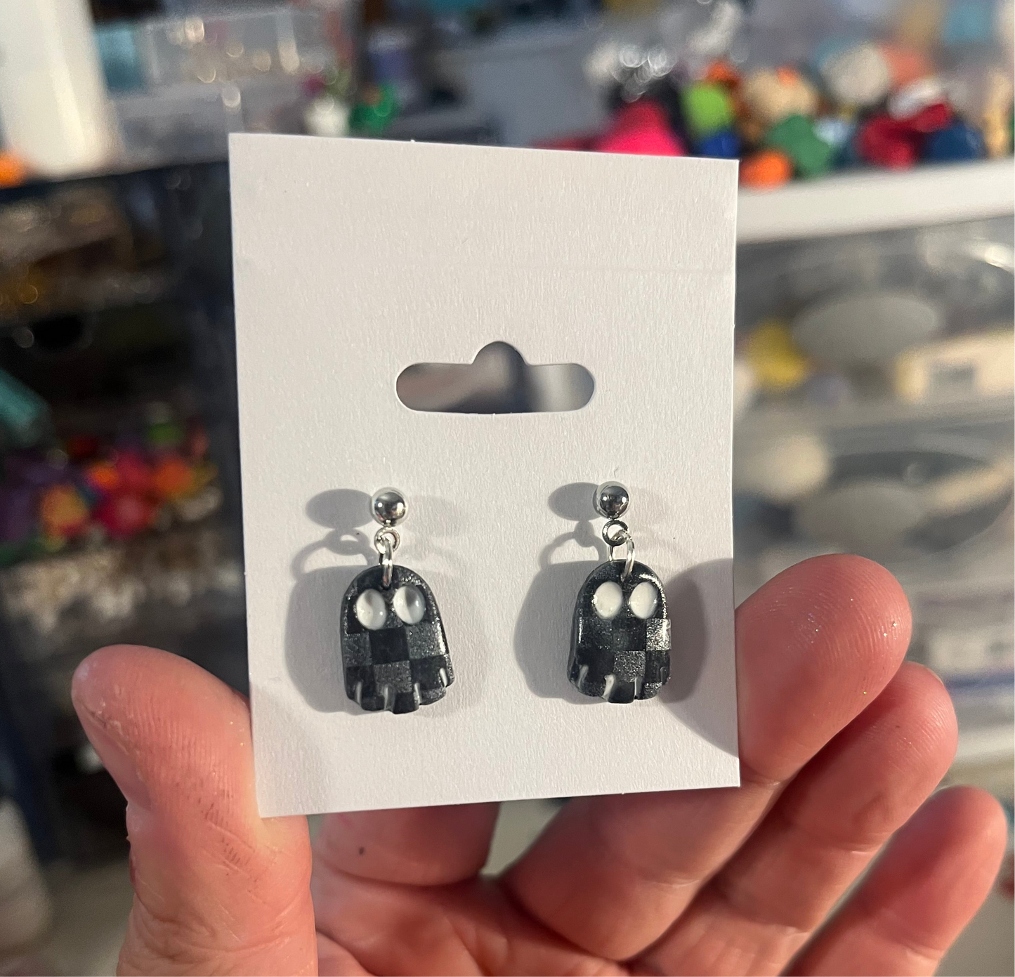 Black and Silver Checkered Ghost Hanging Stud