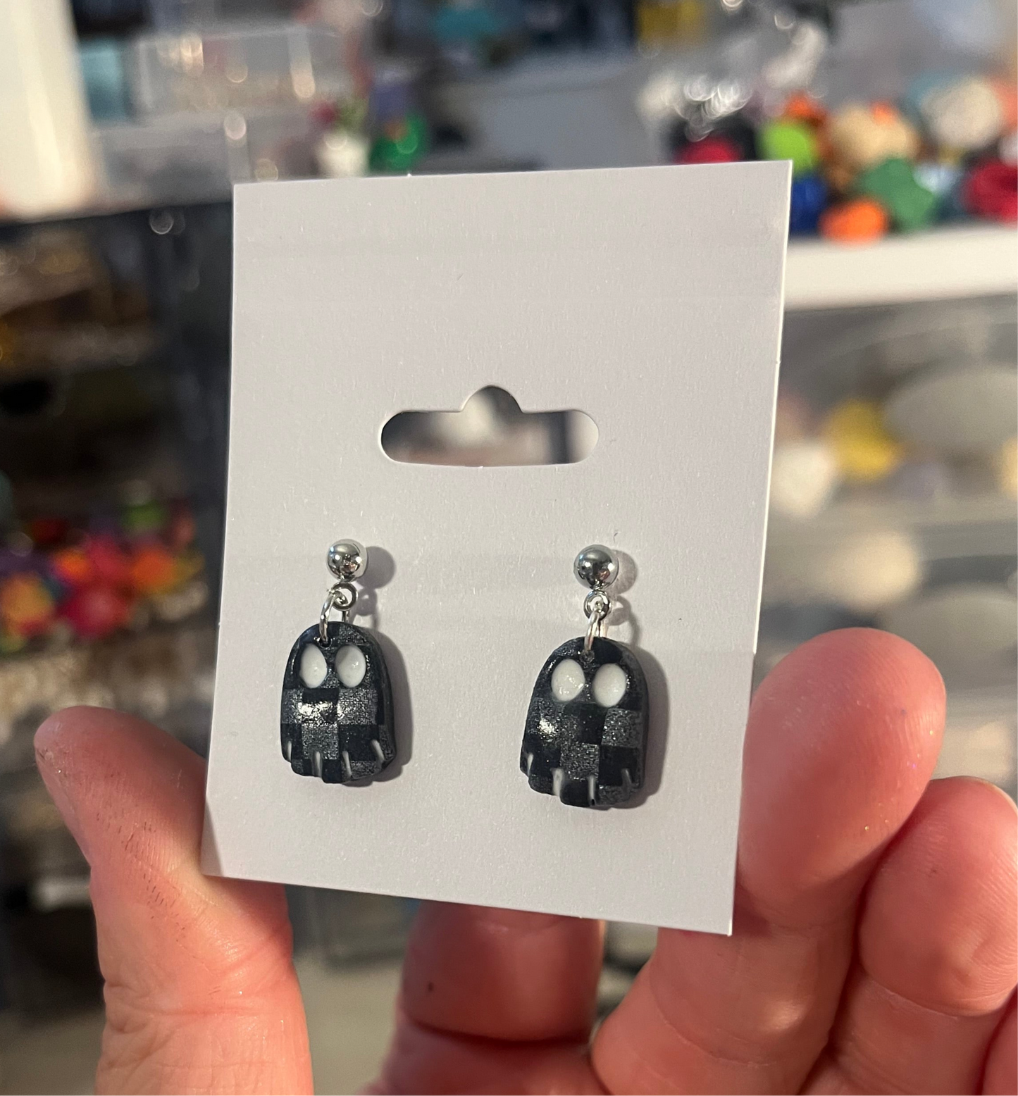 Black and Silver Checkered Ghost Hanging Stud
